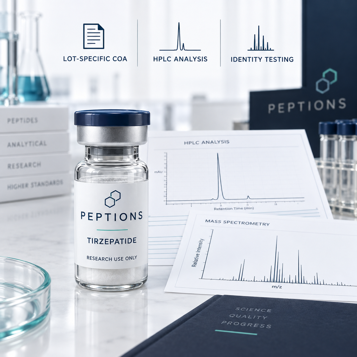 PEPTIONS batch testing and analytical documentation for Tirzepatide research peptide
